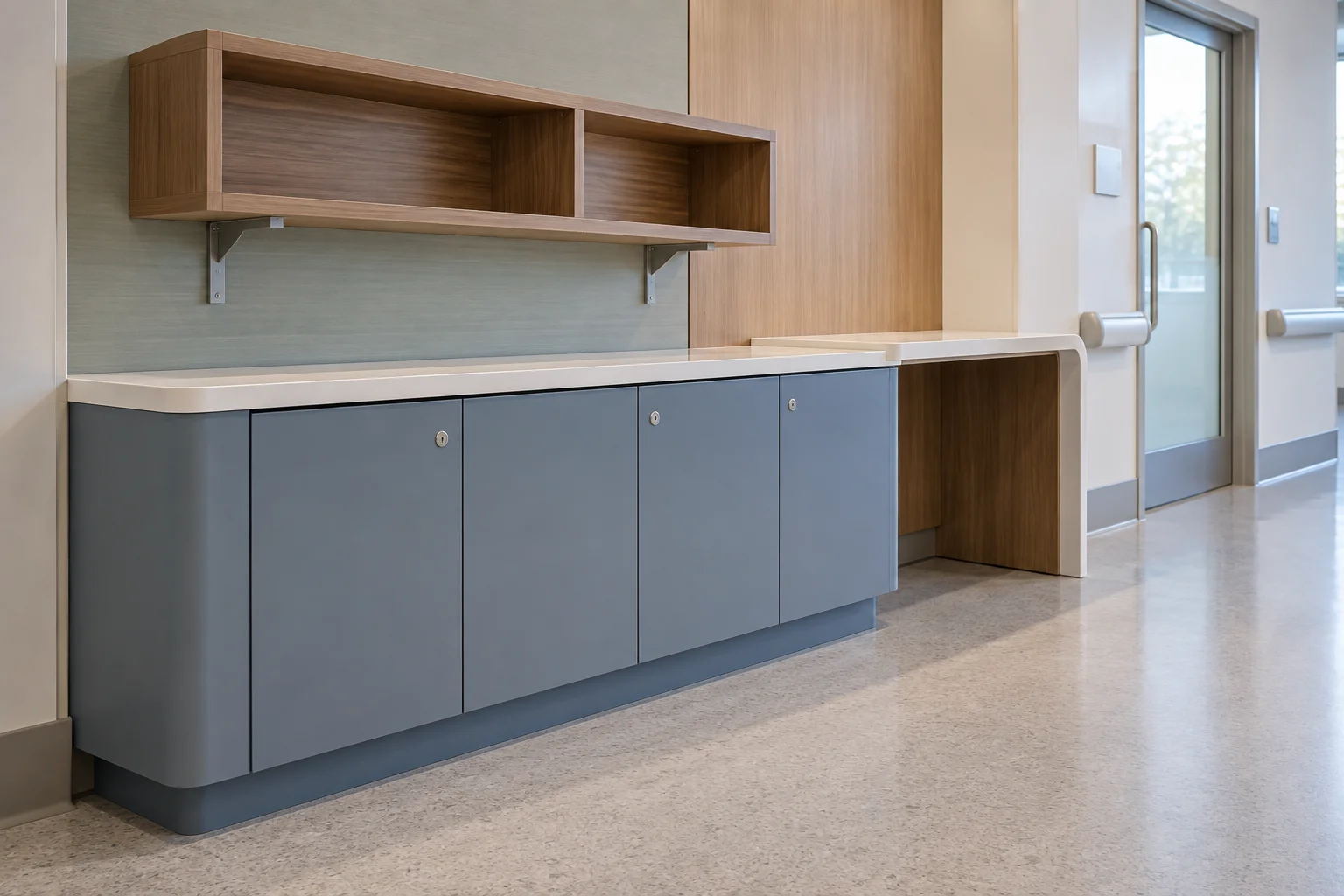 Concept de référence de rangements pour un espace public hospitalier, avec meubles bleu-gris verrouillables, étagères en bois et plan de travail blanc