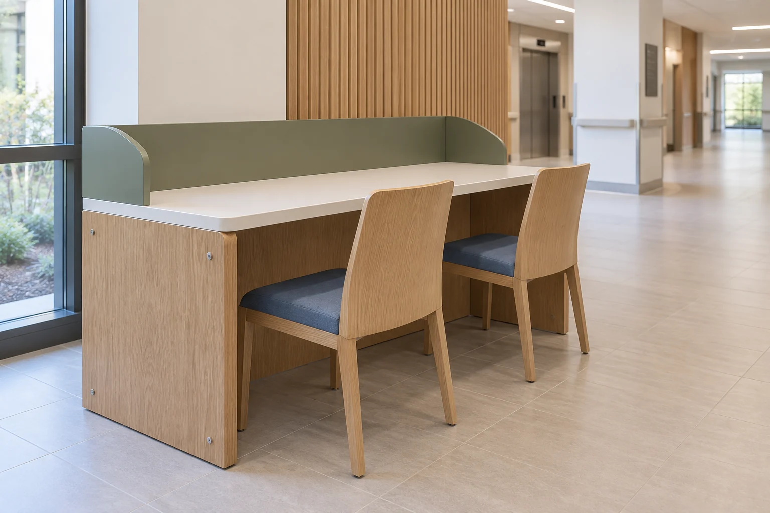 Concept de référence d’un poste d’écriture pour visiteurs hospitaliers, avec plan de travail blanc, supports en bois, panneaux de séparation verts et deux chaises