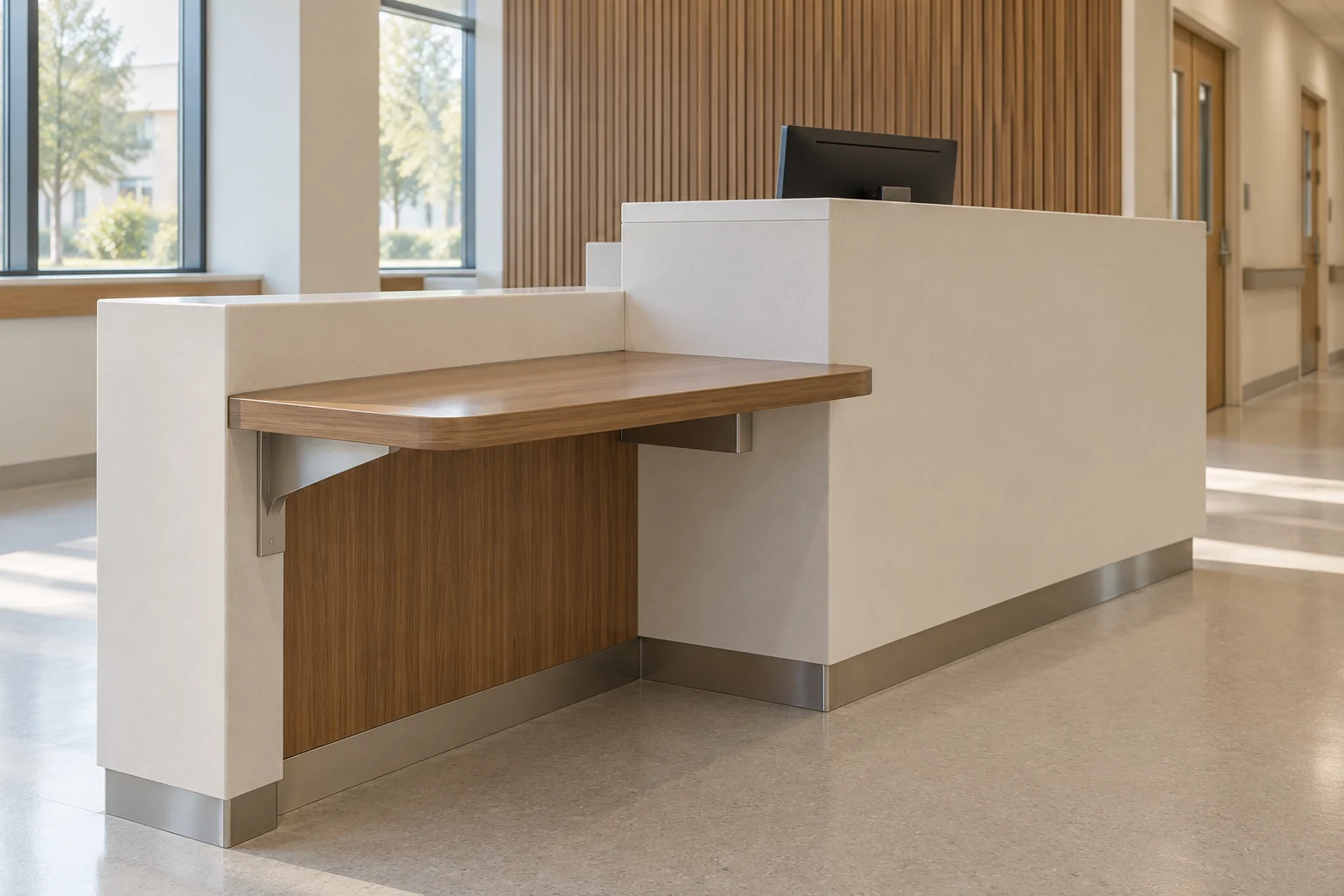 Concept de référence d’un poste d’accueil abaissé pour les visiteurs, avec tablette en bois, consoles de support et panneaux d’accueil blancs