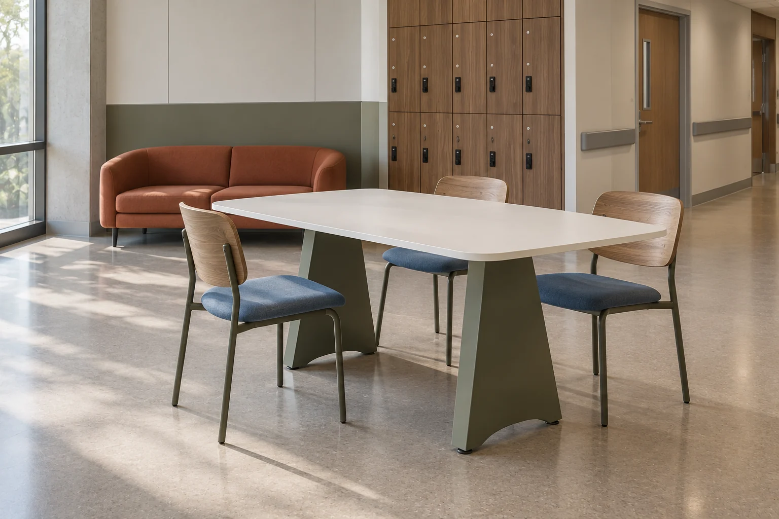 Concept de mobilier généré numériquement pour une table moderne de salle du personnel hospitalier, avec chaises en bois, assise courbe et casiers