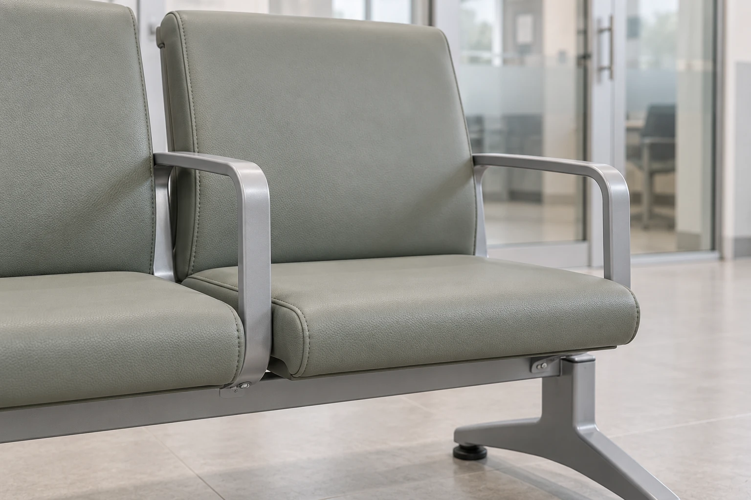 Détail de référence des coutures de revêtement, de l’accoudoir et de la poutre de support d’un ensemble d’assises d’attente hospitalières
