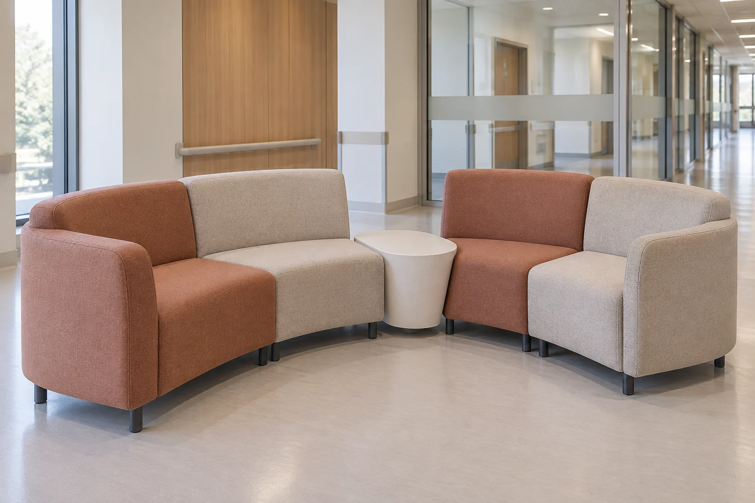 Concept de référence d’un salon d’attente familial avec assises courbes terracotta et crème autour d’une table centrale