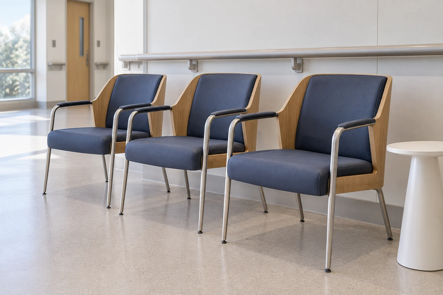 Concept de référence de chaises d’attente individuelles pour clinique, avec coques en bois, revêtement bleu et accoudoirs métalliques