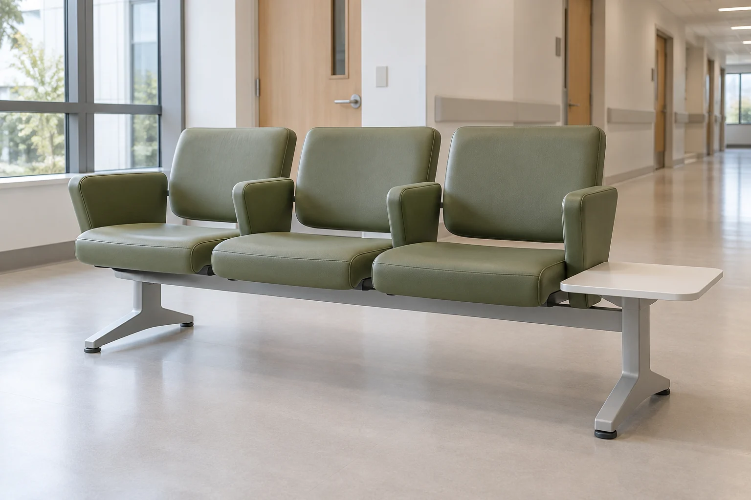 Concept de référence de bancs d’attente hospitaliers à trois places sur poutre et d’une table d’appoint coordonnée