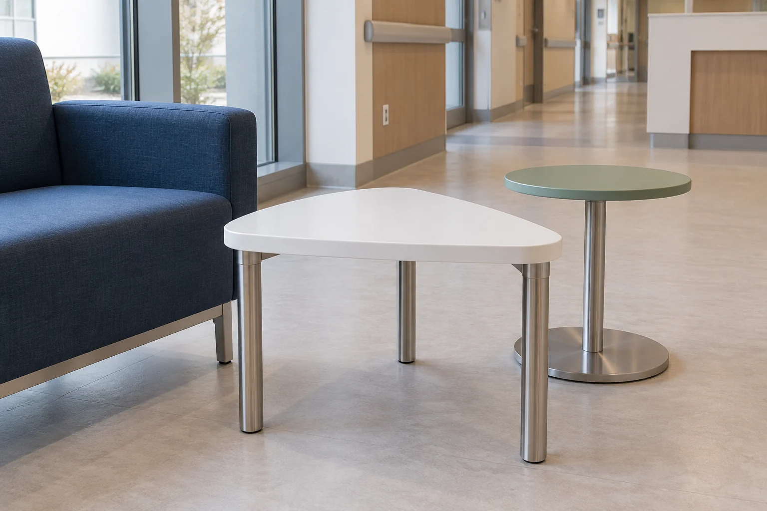 Concepts de référence de tables pour salle d’attente de clinique, avec plateau blanc triangulaire aux angles arrondis et table ronde vert olive à piètement central