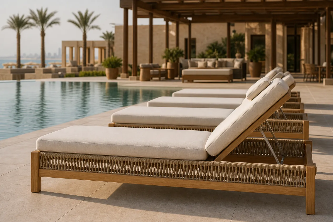 Gulf Pool Chaise Lounger in context — Hotel pool deck, beach club, infinity-edge terrace