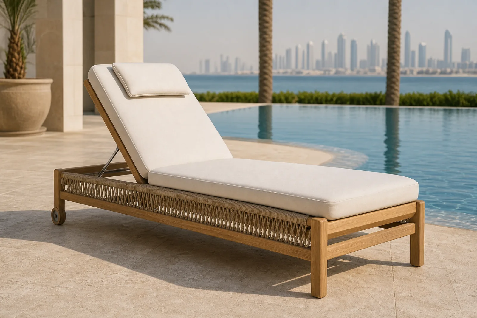 Solid teak hotel pool chaise lounger with adjustable backrest, woven rope side panels, and panna Sunbrella cushion
