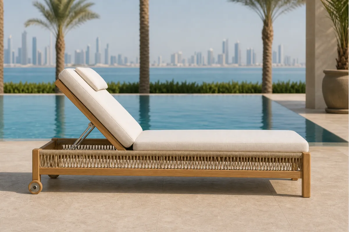 Gulf Pool Chaise Lounger side profile — Solid teak hotel pool chaise lounger with adjustable backrest, woven rope side panels, and panna Sunbrella cushion