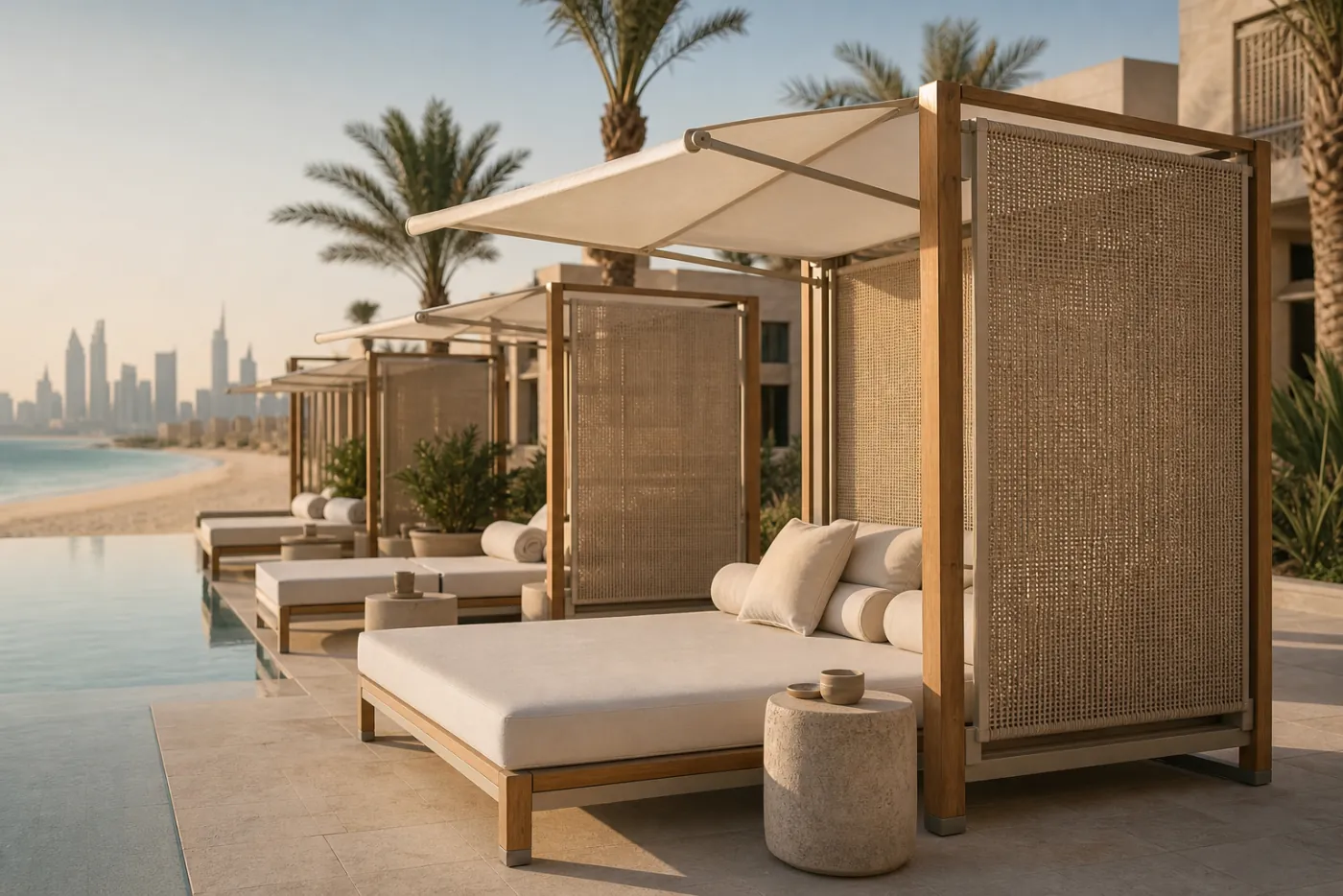Resort Cabana Daybed in context — Resort pool deck, beach club VIP zone, private suite terrace