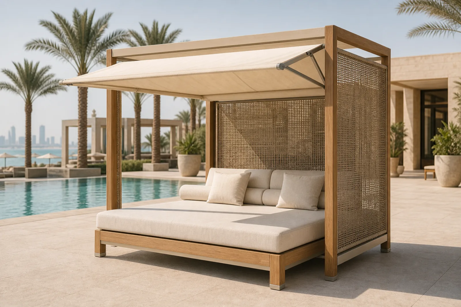 Teak resort cabana daybed with off-white Sunbrella canopy, woven cane privacy screens, and panna deep cushion