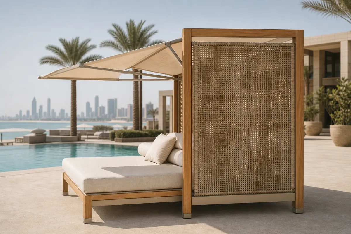 Resort Cabana Daybed side profile — Teak resort cabana daybed with off-white Sunbrella canopy, woven cane privacy screens, and panna deep cushion