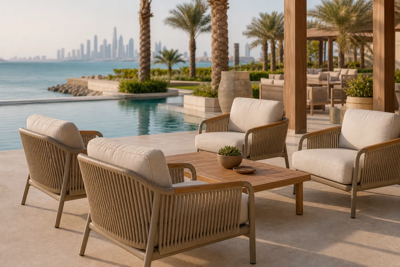 Outdoor Rope Lounge Armchair in context — Hotel terrace, garden lounge, rooftop bar, suite balcony