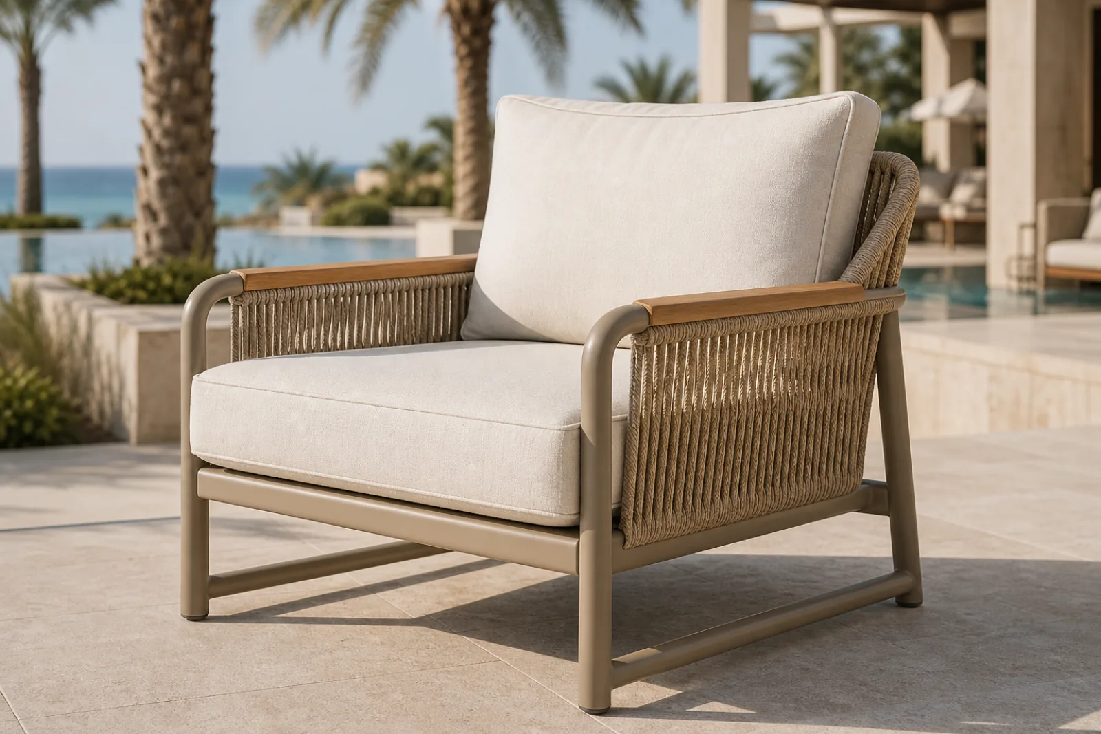 Outdoor hotel lounge armchair with champagne aluminium frame, woven acrylic rope sides and back, teak armrest caps, and panna Sunbrella cushions