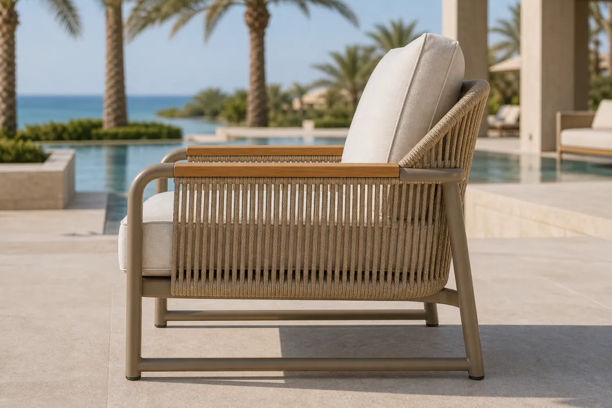 Outdoor Rope Lounge Armchair side profile — Outdoor hotel lounge armchair with champagne aluminium frame, woven acrylic rope sides and back, teak armrest caps, and panna Sunbrella cushions