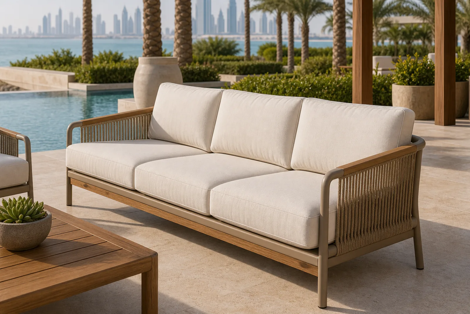 Outdoor 3-seater hotel sofa with champagne aluminium frame, rope-detail sides, teak coffee table, and panna Sunbrella cushions