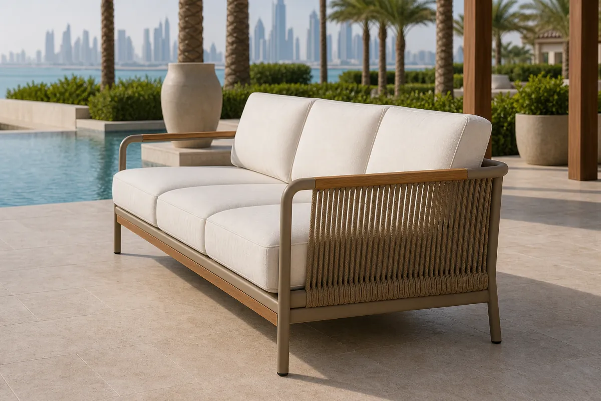 Outdoor Sofa Set side profile — Outdoor 3-seater hotel sofa with champagne aluminium frame, rope-detail sides, teak coffee table, and panna Sunbrella cushions