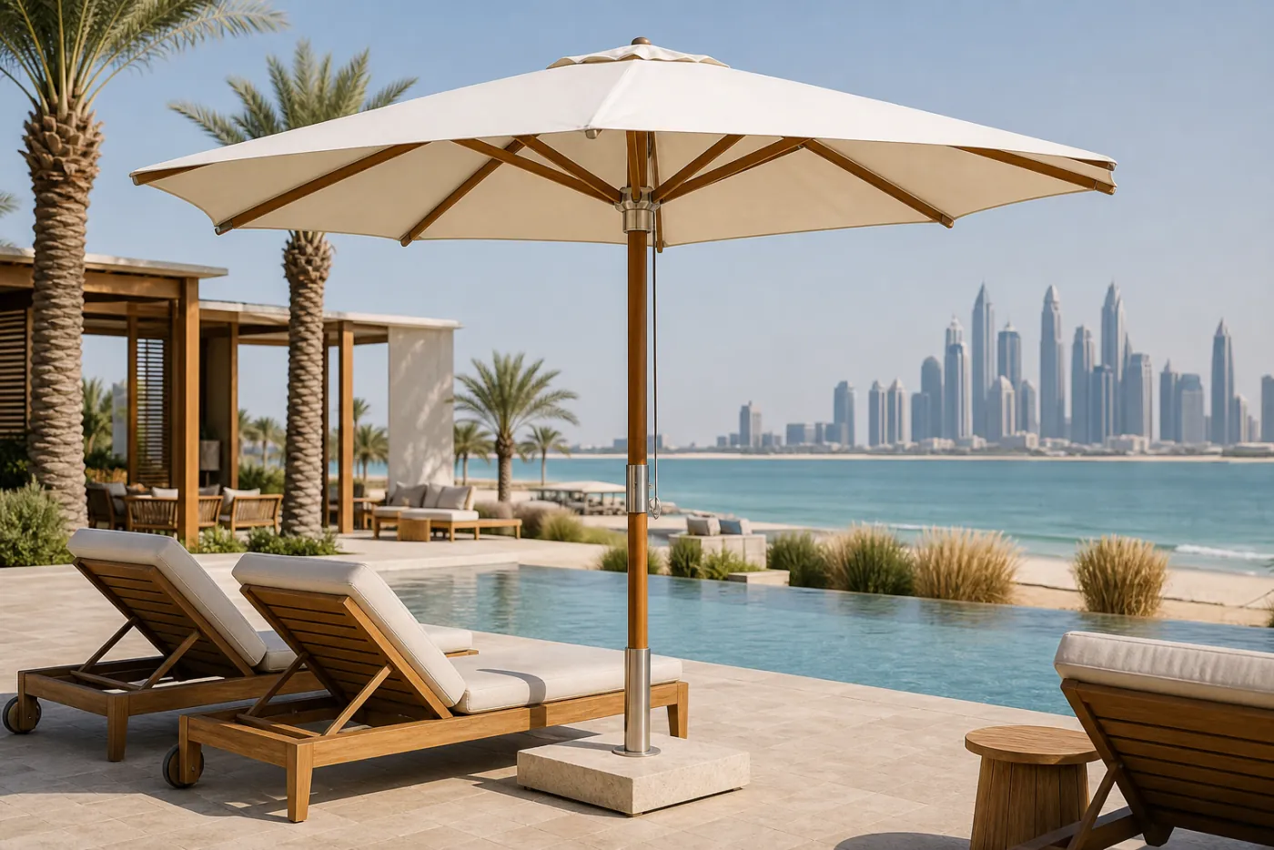 Wooden Resort Umbrella in context — Hotel pool deck, beach club, terrace dining, resort cabana row