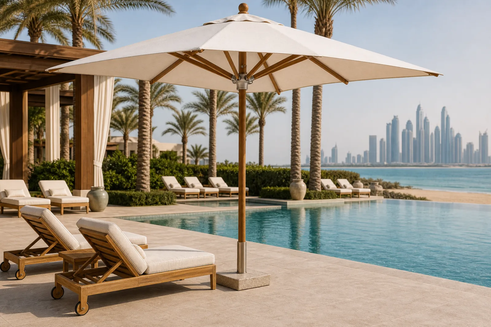 Solid teak hotel pool umbrella with square panna Sunbrella canopy and concrete base