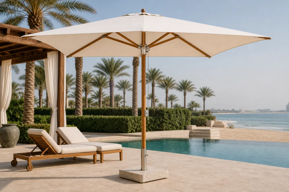Wooden Resort Umbrella side profile — Solid teak hotel pool umbrella with square panna Sunbrella canopy and concrete base