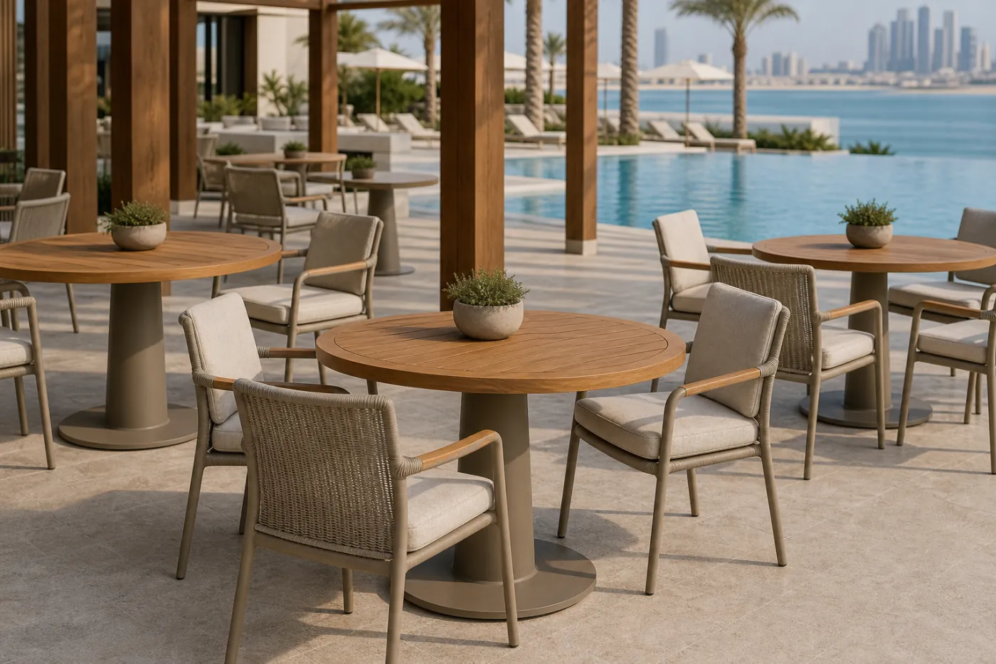 Poolside Dining Set in context — Hotel pool deck dining, terrace restaurant, beach club lunch service