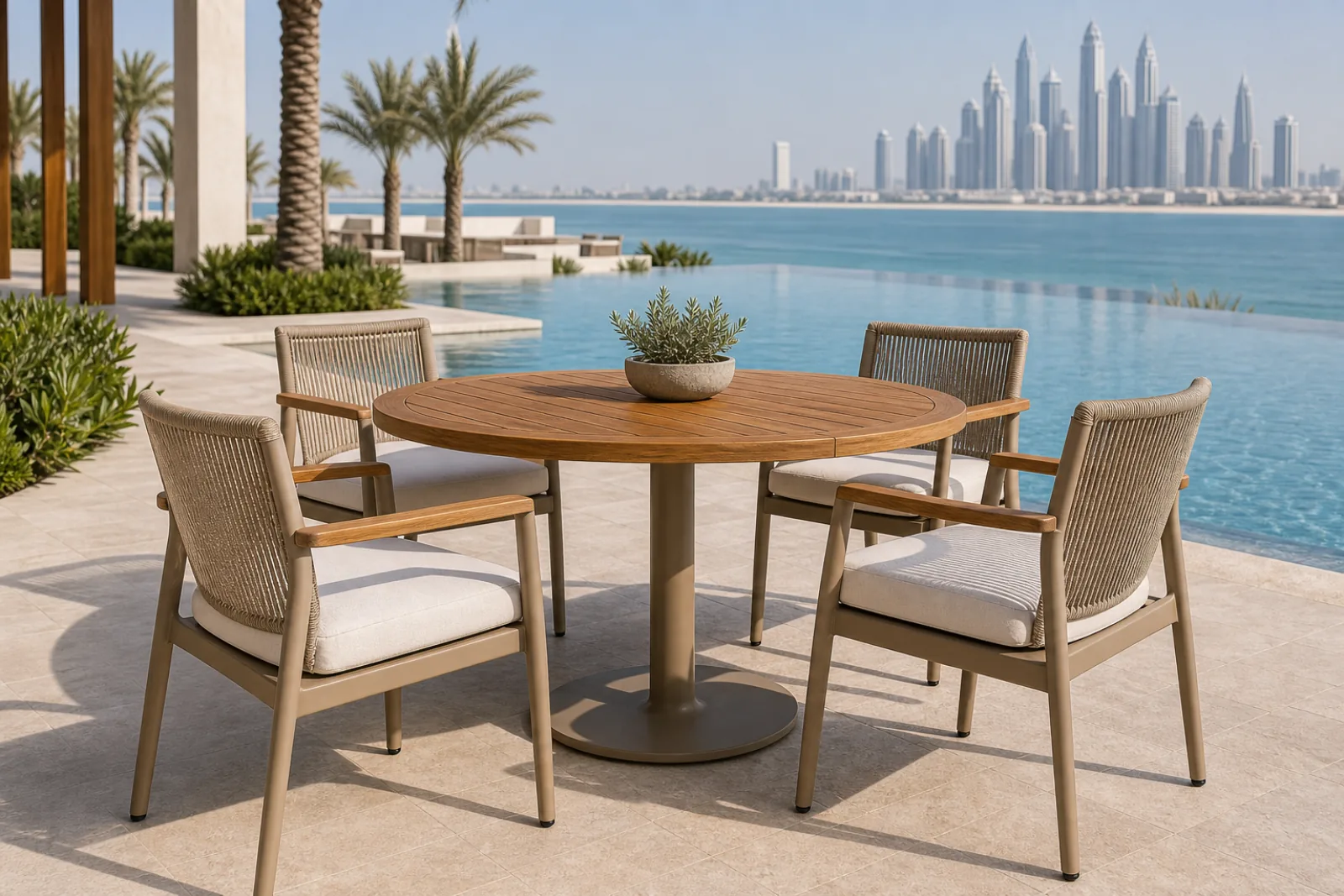 Round teak poolside dining table with single-pedestal champagne aluminium base and matching rope-back dining chair