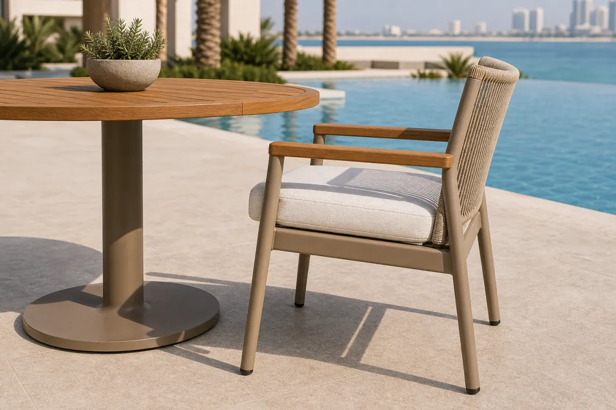 Poolside Dining Set side profile — Round teak poolside dining table with single-pedestal champagne aluminium base and matching rope-back dining chair