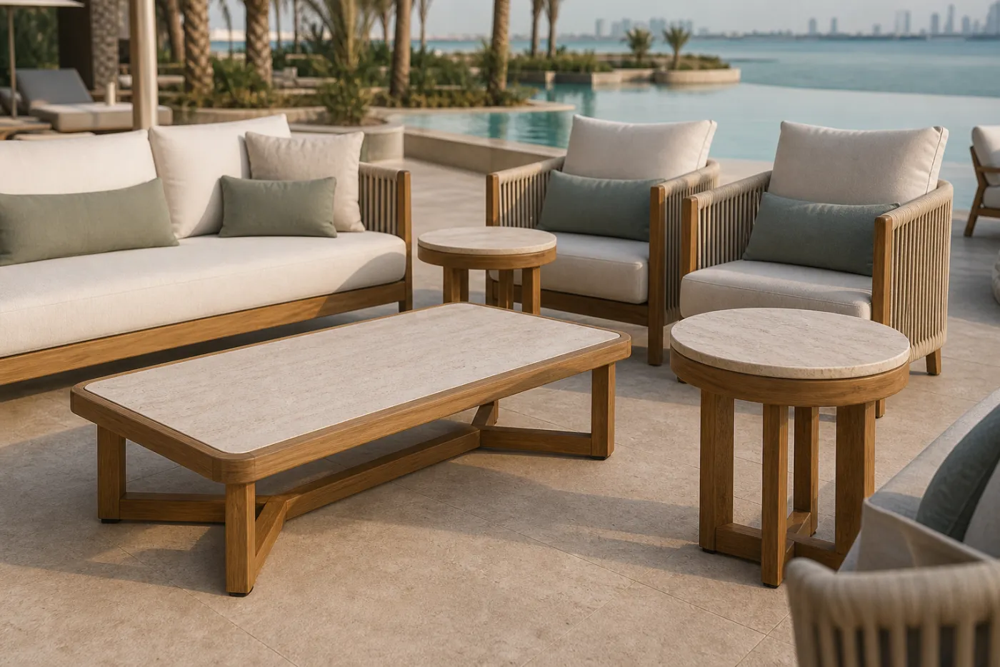 Coffee & Side Table Set in context — Hotel pool terrace, lounge cluster, beach club seating, suite balcony