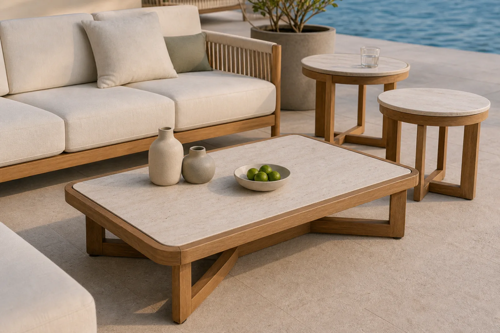 Solid teak outdoor coffee table with travertine top and X-strut base, paired with two round teak side tables with stone tops