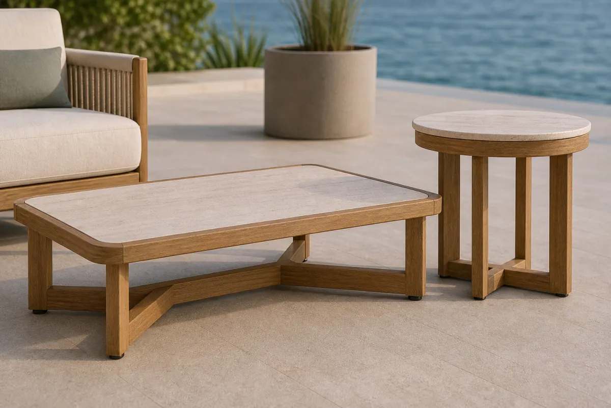 Coffee & Side Table Set side profile — Solid teak outdoor coffee table with travertine top and X-strut base, paired with two round teak side tables with stone tops