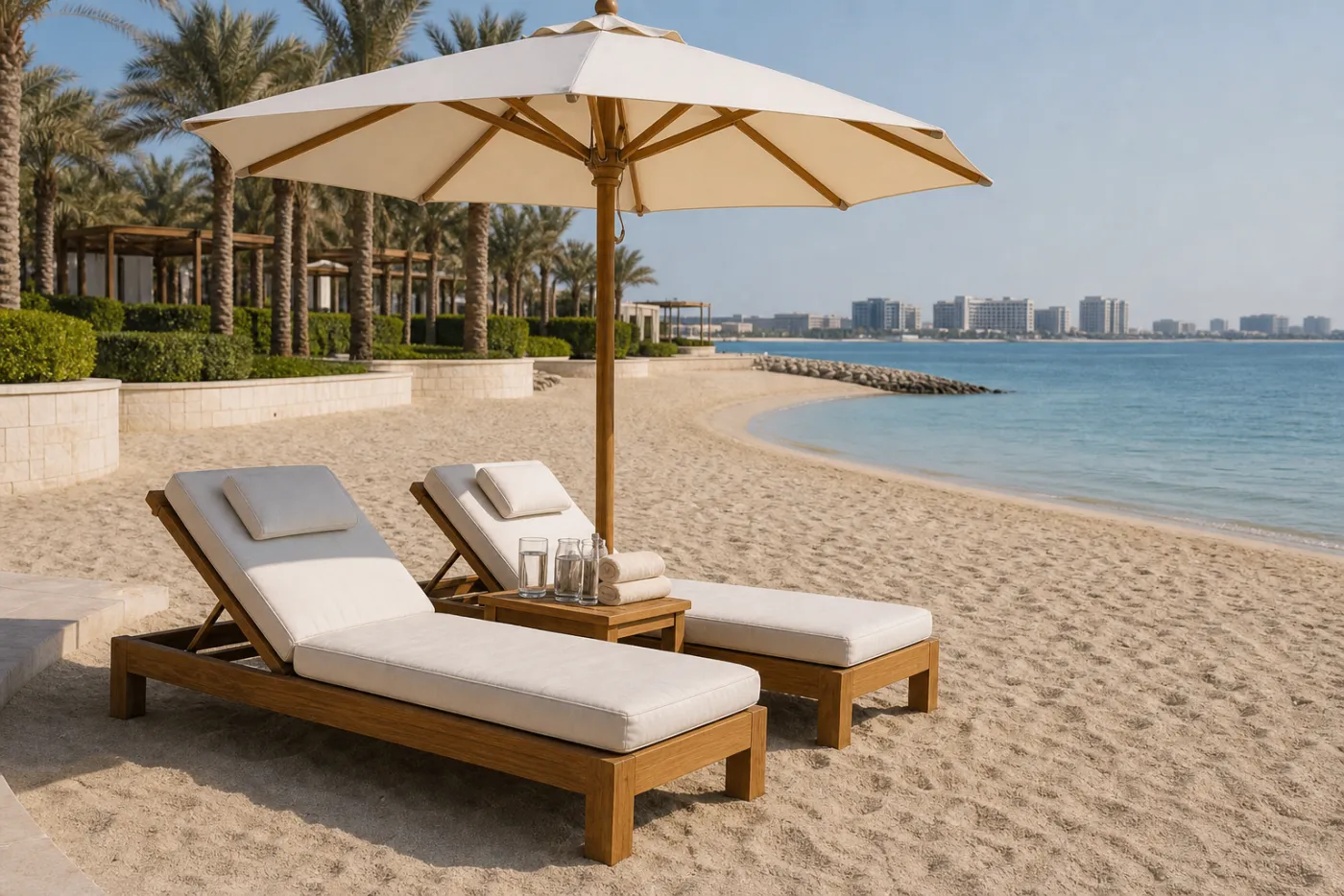 Private Beach Lounger Pair in context — Hotel private beach, villa terrace, beachfront cabana row, resort sun deck