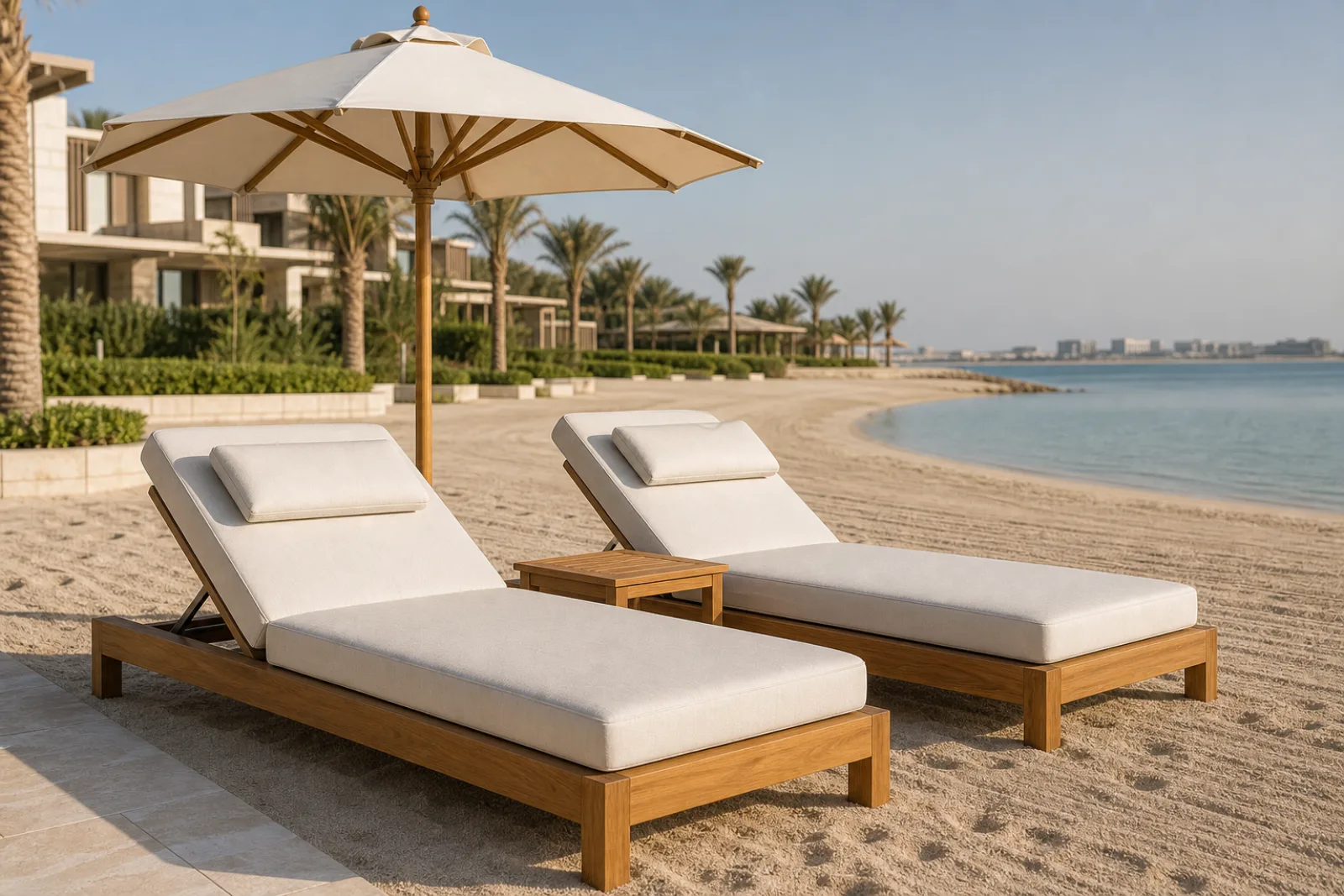 Pair of solid teak beach loungers with panna Sunbrella cushions, shared low teak side table, and panna Sunbrella umbrella on a private hotel beach