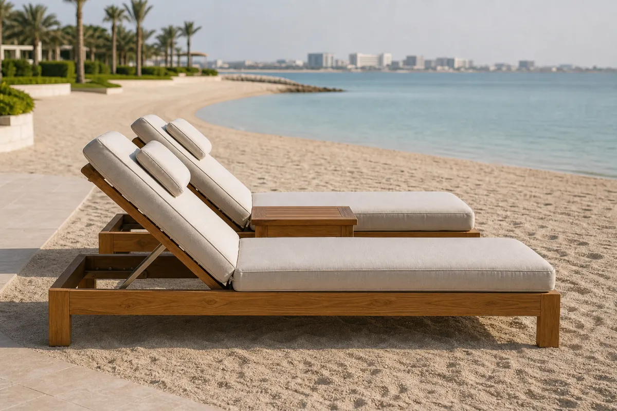 Private Beach Lounger Pair side profile — Pair of solid teak beach loungers with panna Sunbrella cushions, shared low teak side table, and panna Sunbrella umbrella on a private hotel beach