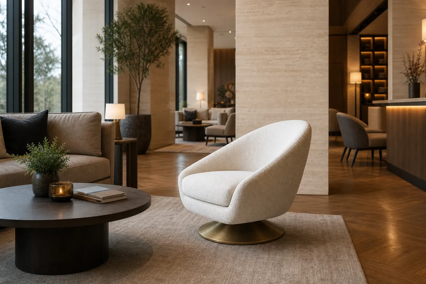 Ivory boucle luxury hotel lobby swivel chair with brushed brass circular base