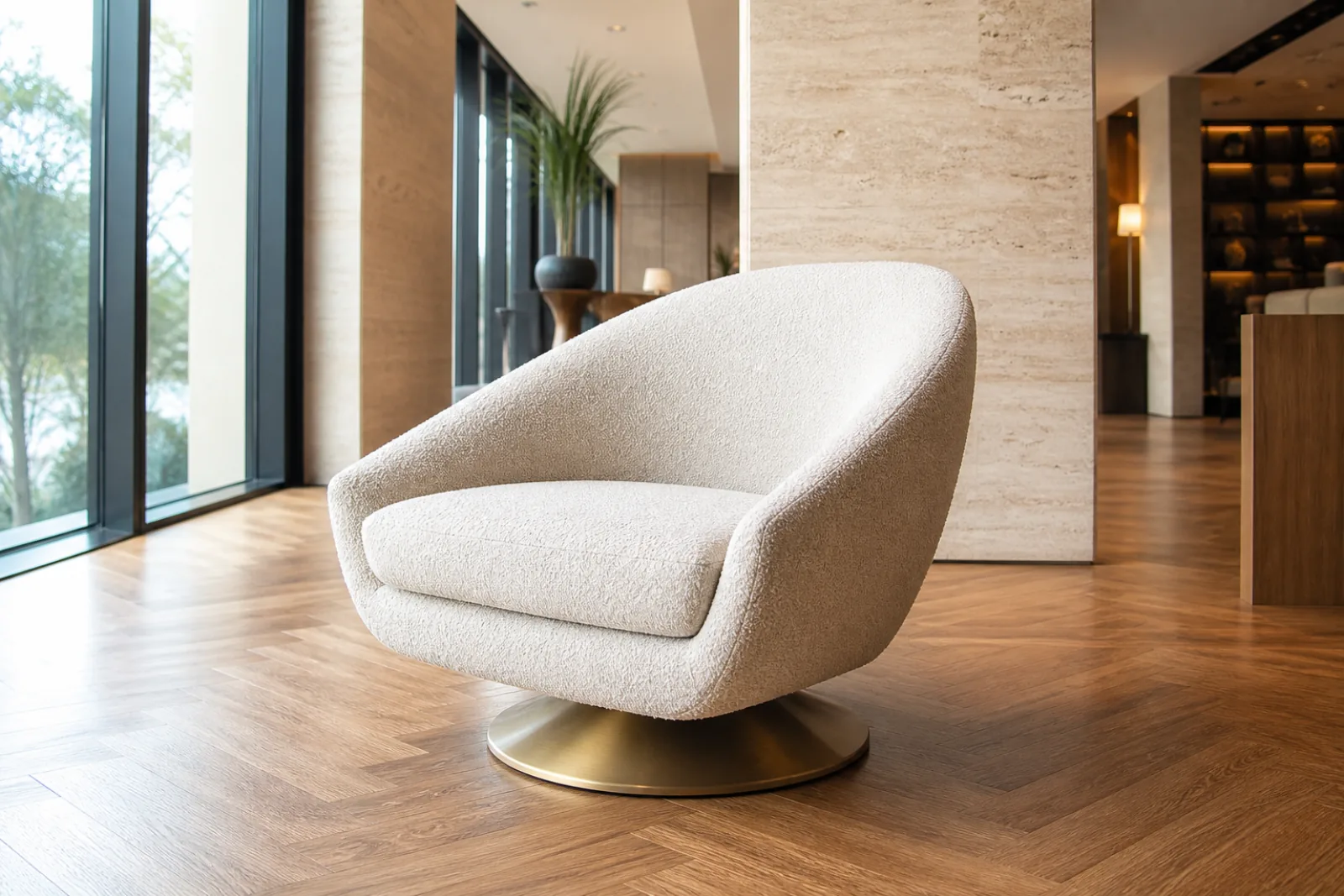 Ivory boucle luxury hotel lobby swivel chair with brushed brass circular base