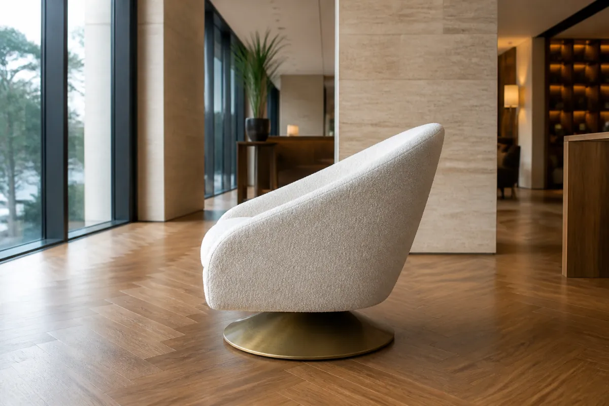 Lobby Lounge Swivel Chair side profile — Ivory boucle luxury hotel lobby swivel chair with brushed brass circular base