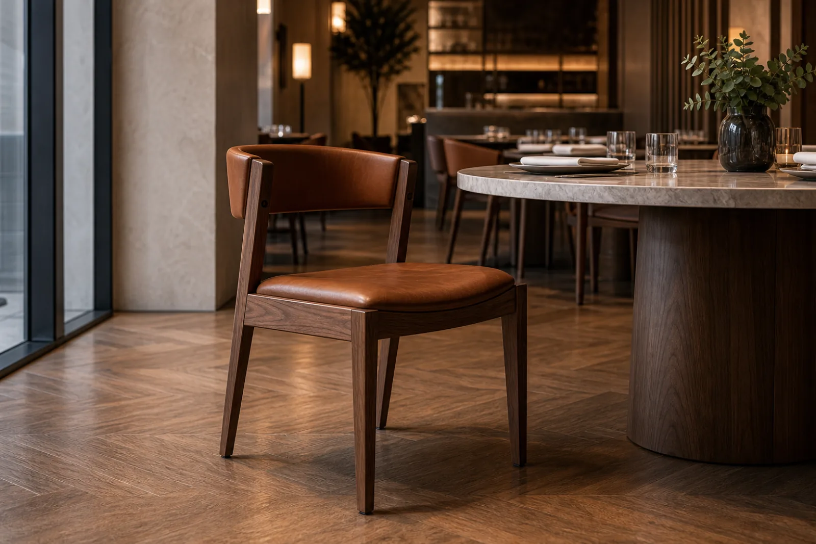 Canaletto walnut hotel restaurant dining chair with cognac leather seat and back
