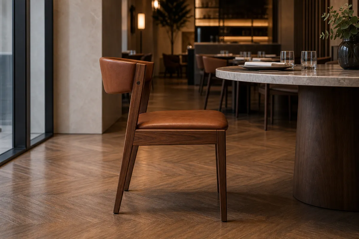 Restaurant Dining Chair side profile — Canaletto walnut hotel restaurant dining chair with cognac leather seat and back
