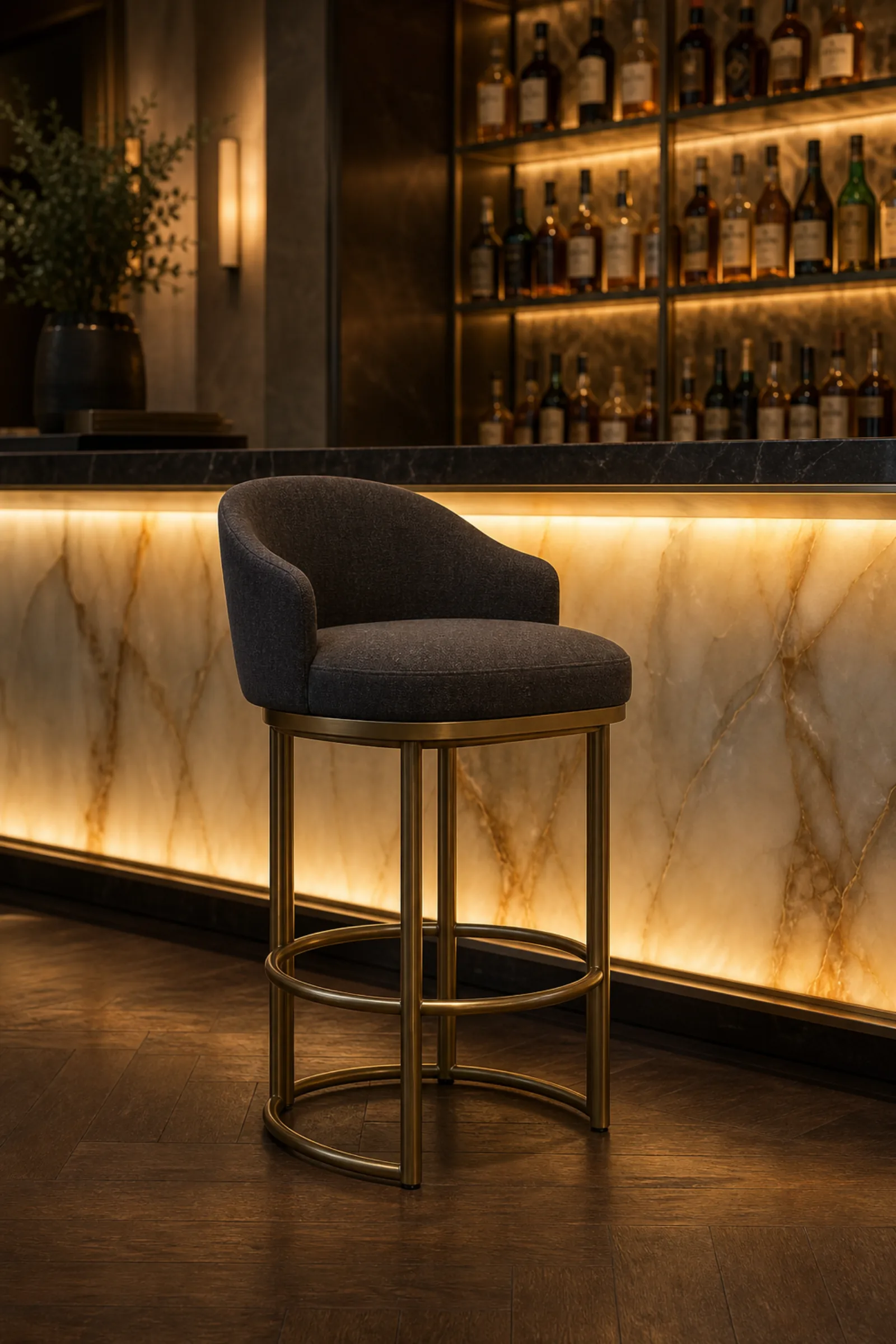 Luxury brushed brass hotel bar stool with charcoal wool upholstered swivel seat