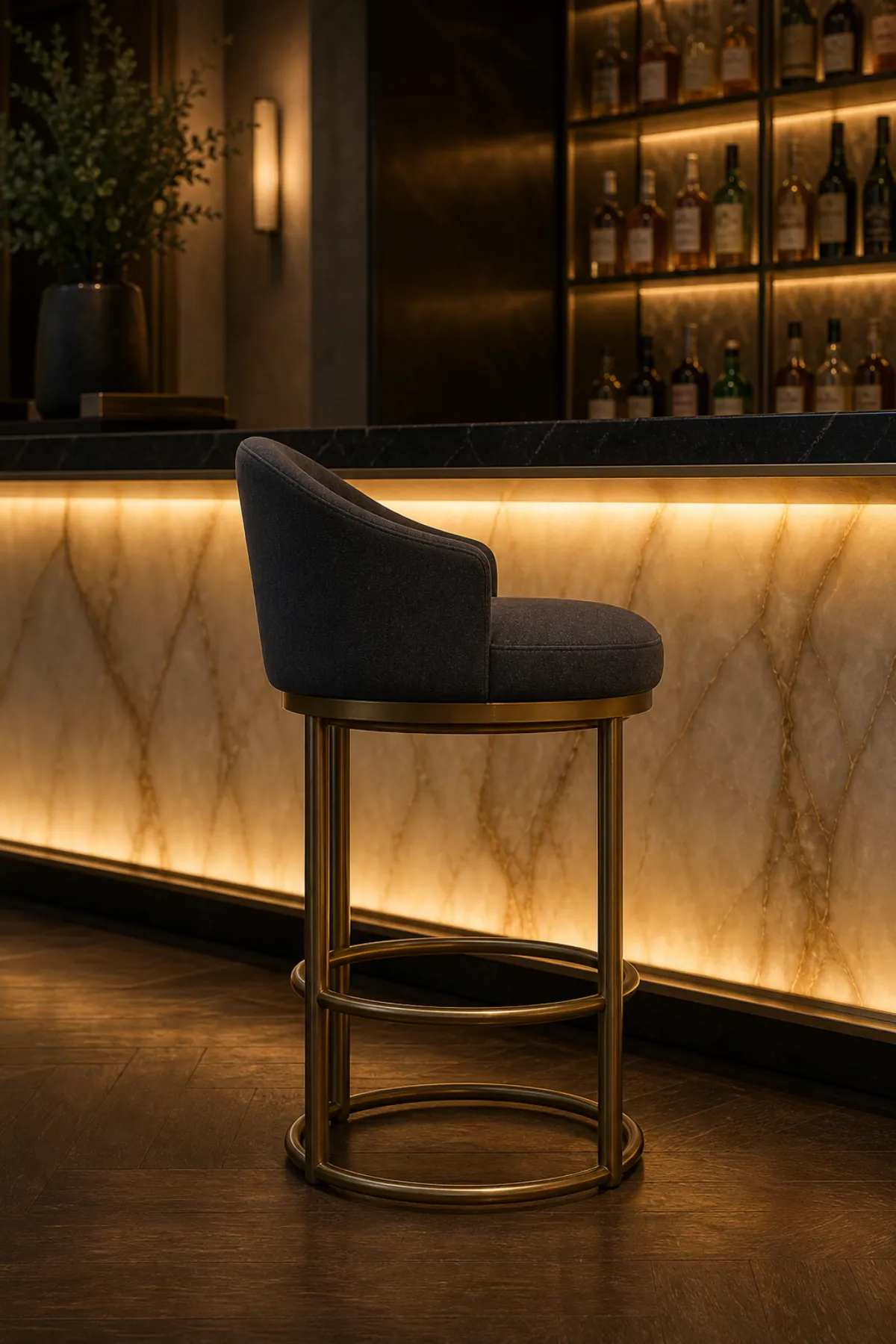 Bar / Counter Stool side profile — Luxury brushed brass hotel bar stool with charcoal wool upholstered swivel seat