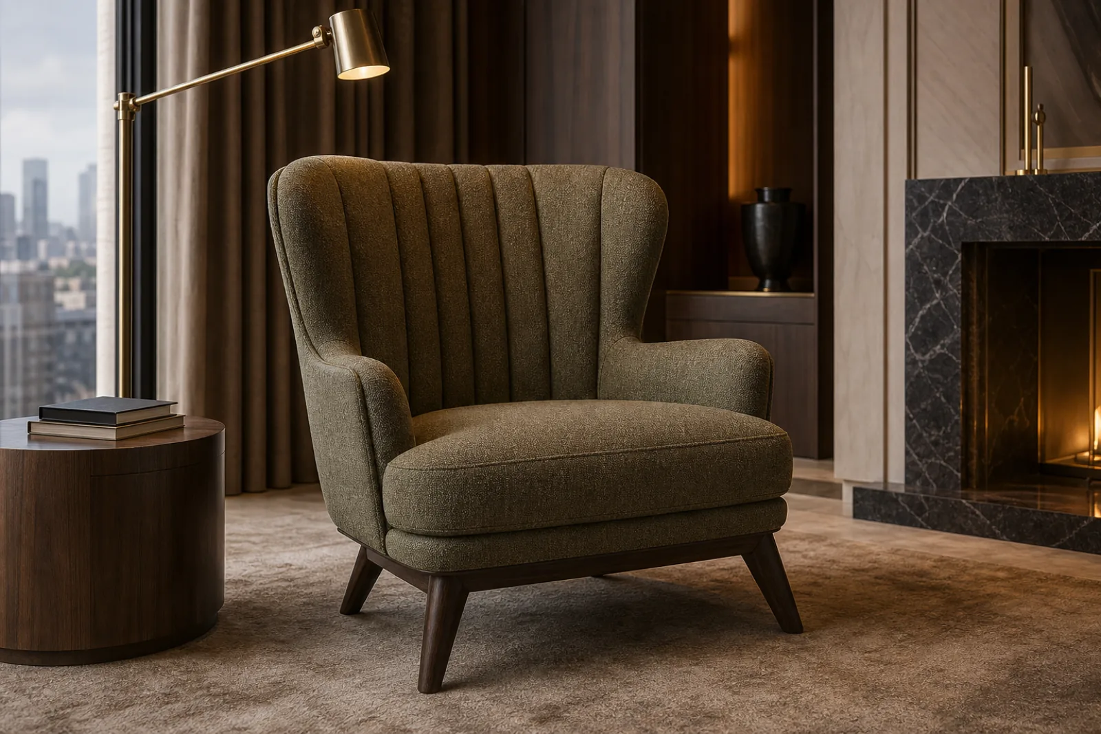 Dusty olive wool high-back hotel suite reading armchair with smoked oak legs