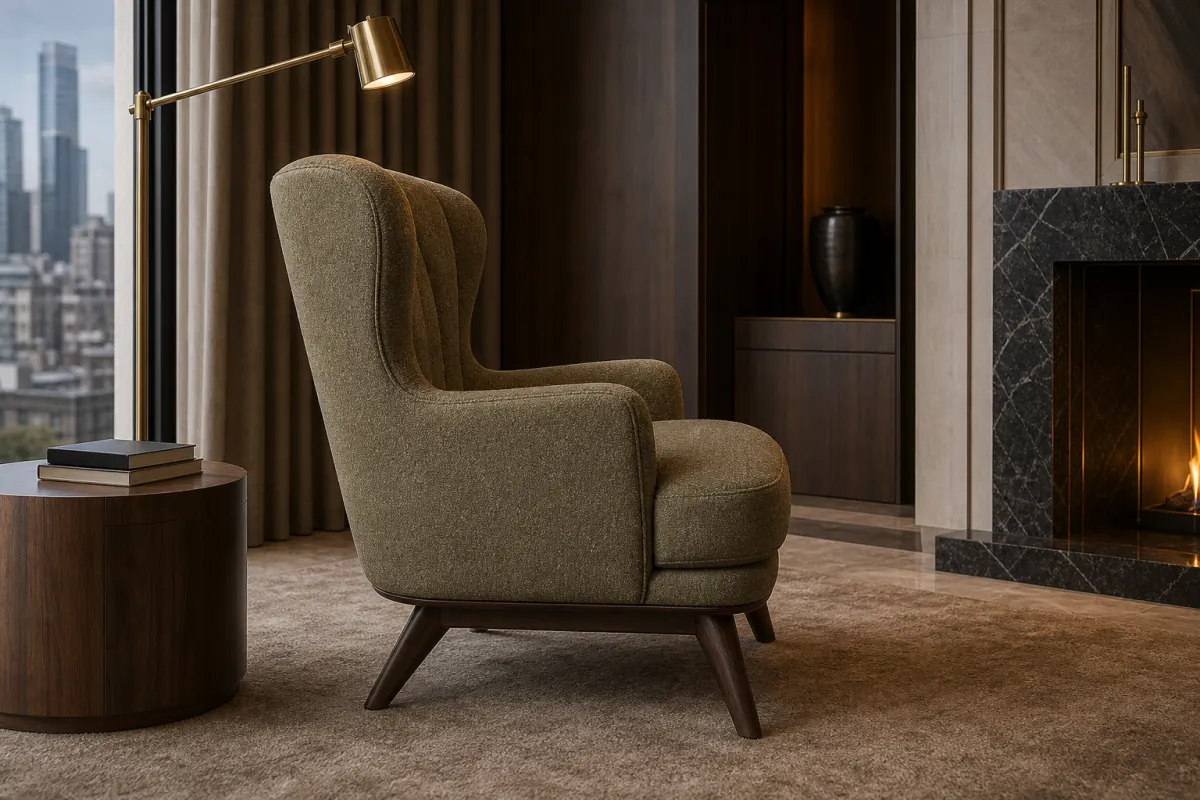 Suite Reading Armchair side profile — Dusty olive wool high-back hotel suite reading armchair with smoked oak legs