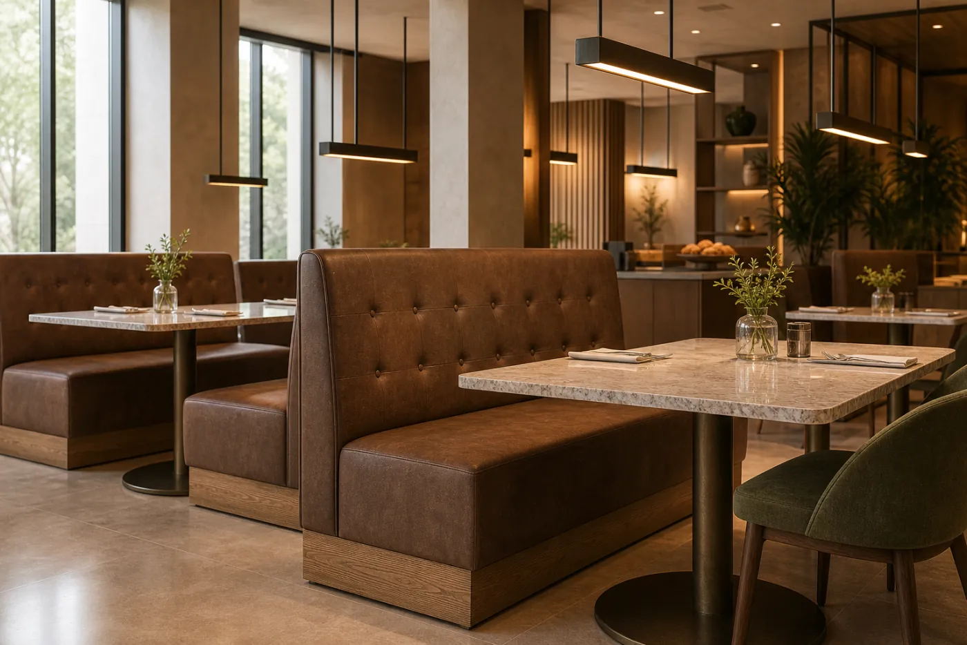 Banquette Module Chair in context — Restaurant booth, hotel breakfast hall, lounge perimeter
