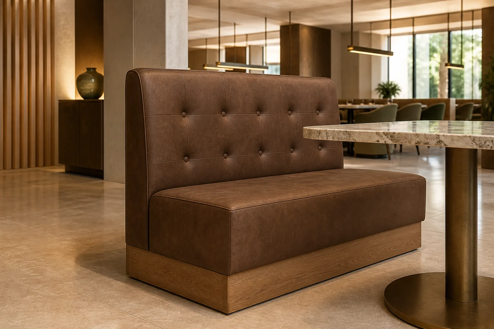 Tobacco nubuck leather modular hotel restaurant banquette with button-tufted back