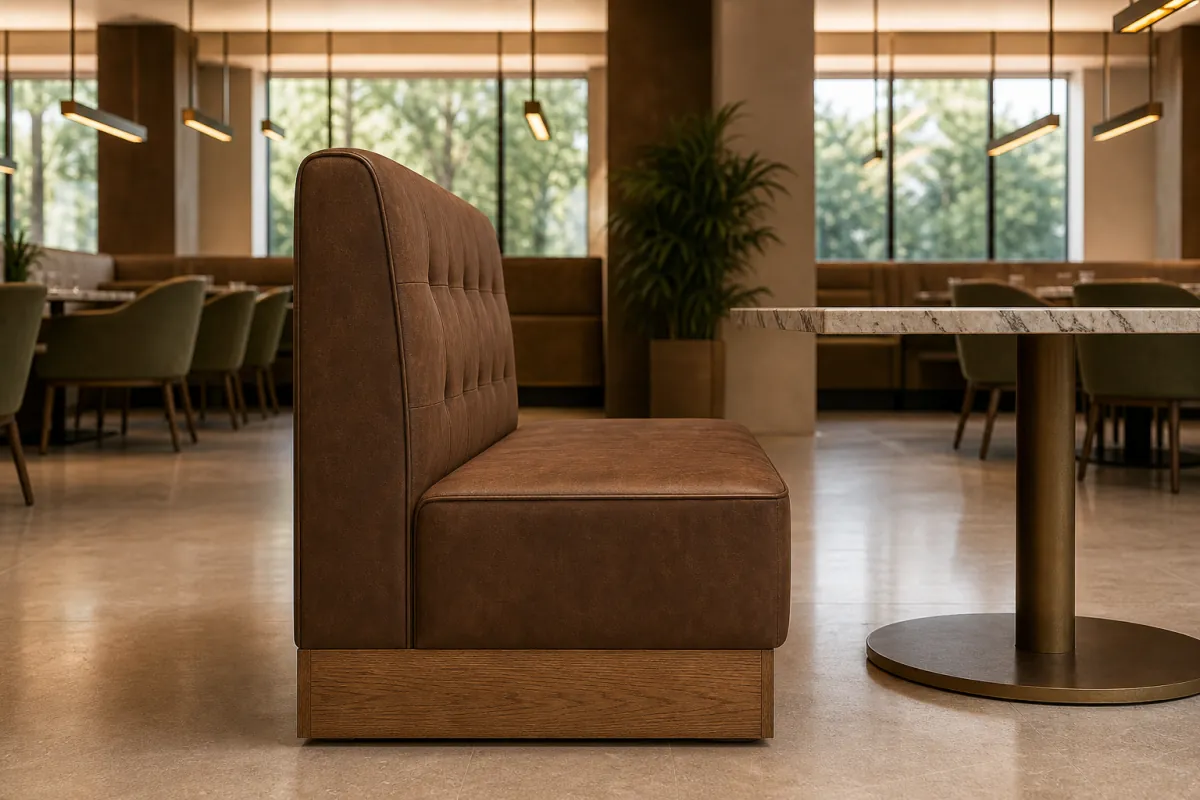 Banquette Module Chair side profile — Tobacco nubuck leather modular hotel restaurant banquette with button-tufted back