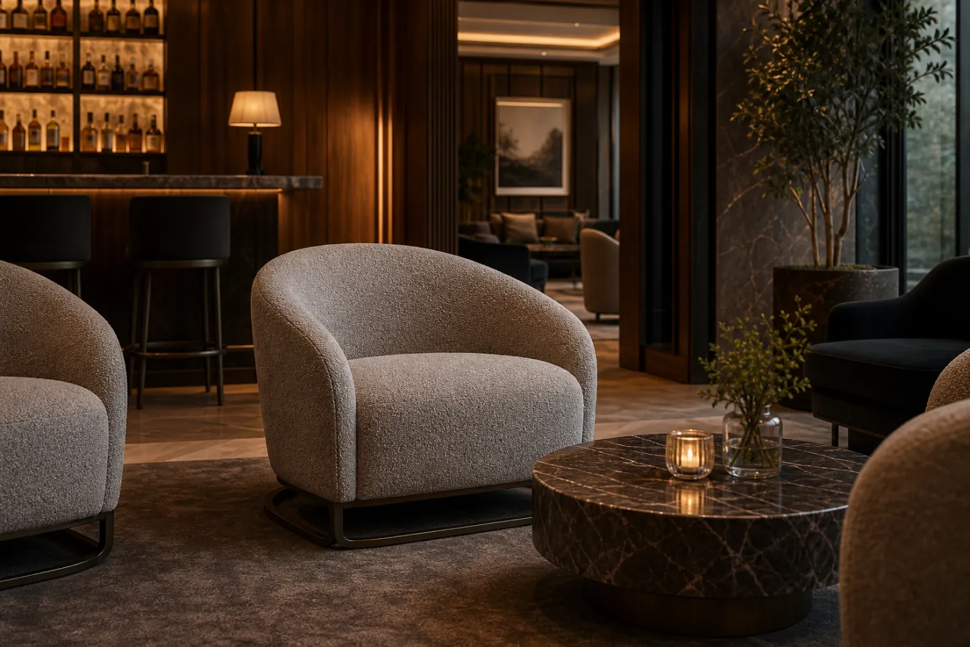 Cocktail Lounge Tub Chair in context — Hotel cocktail lounge, library bar, club seating clusters