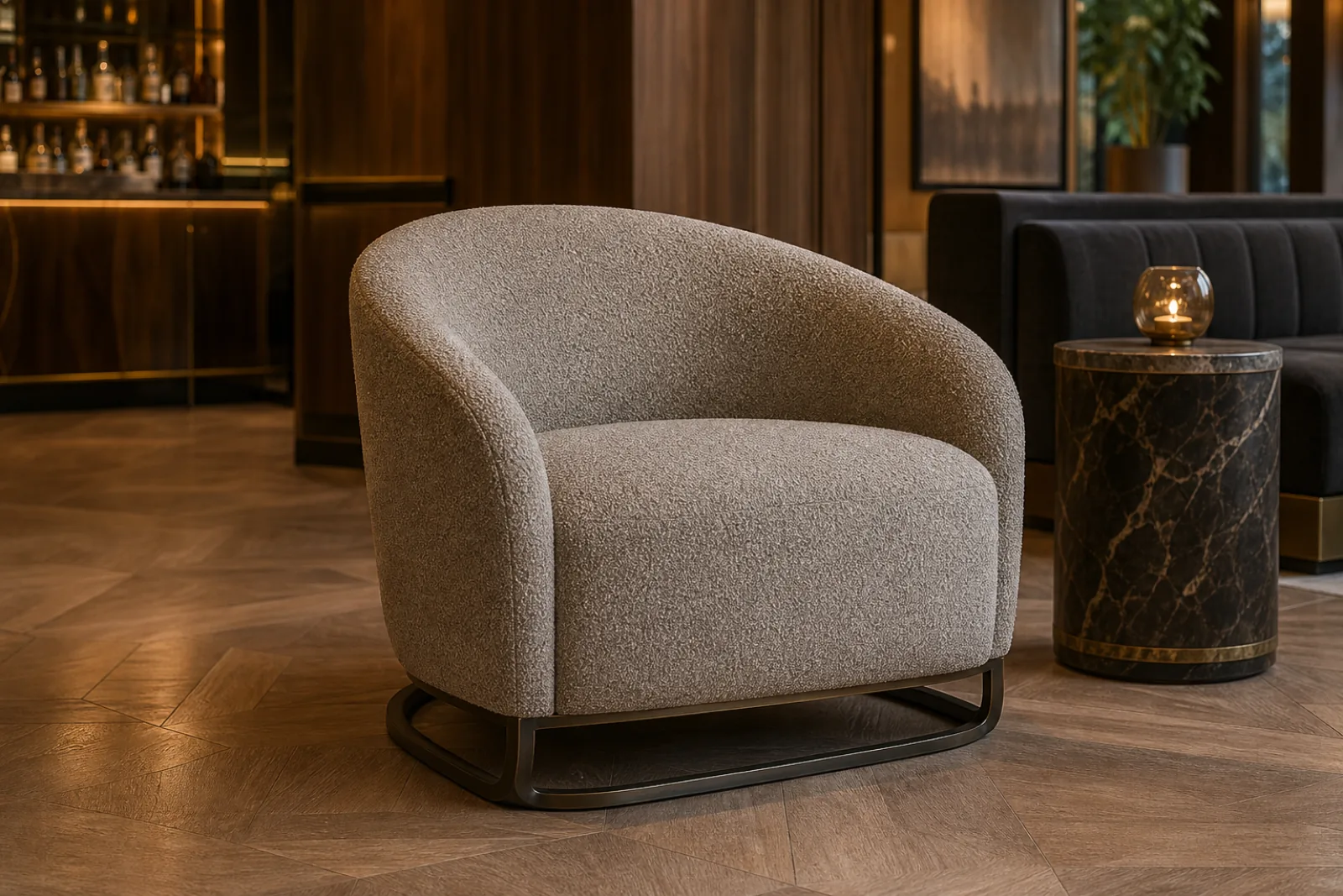 Greige boucle curved hotel cocktail lounge tub chair with dark bronze sled base