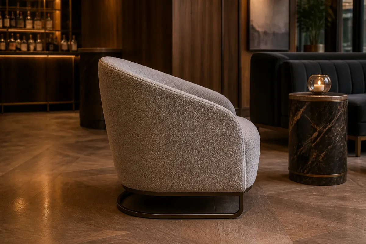 Cocktail Lounge Tub Chair side profile — Greige boucle curved hotel cocktail lounge tub chair with dark bronze sled base