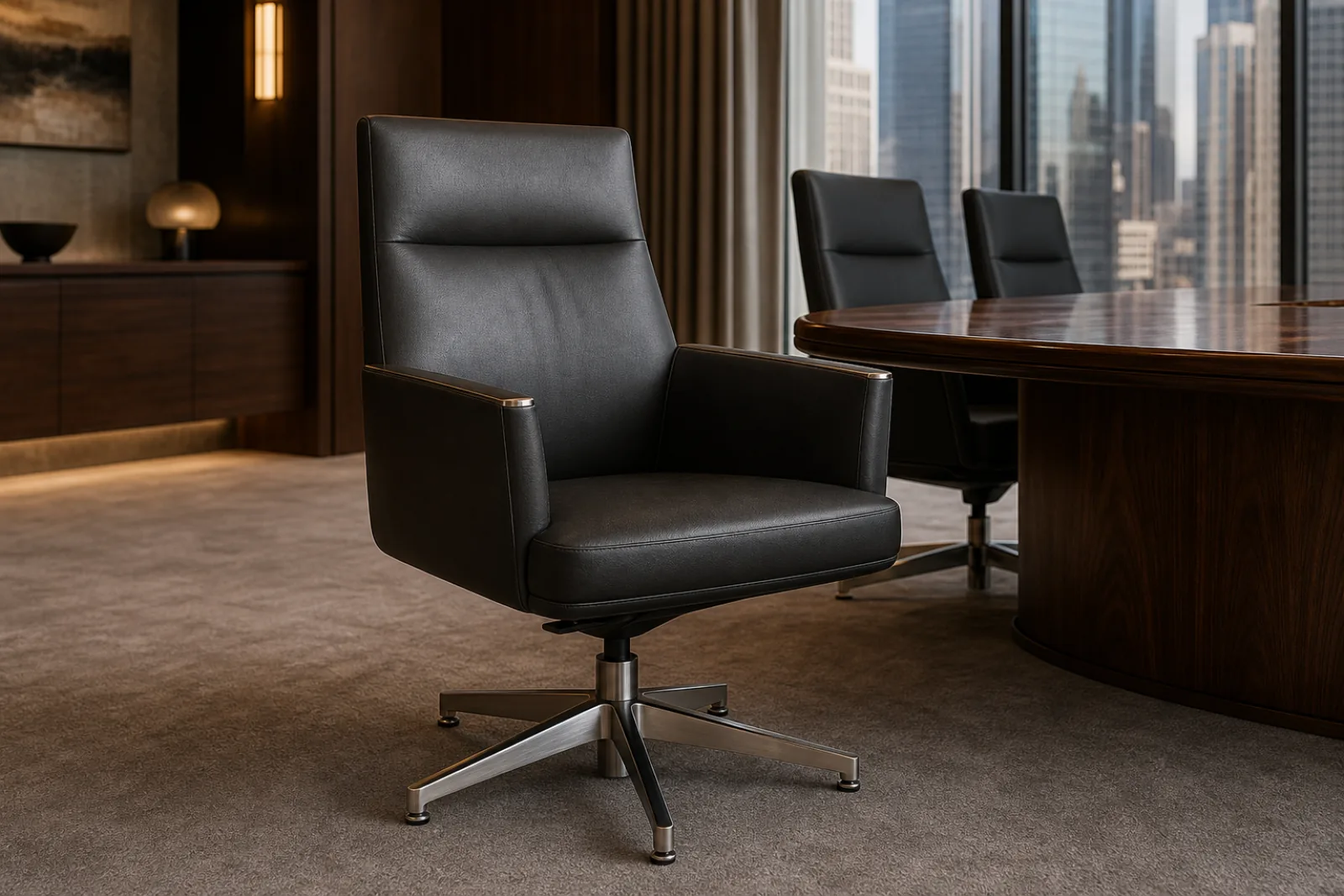 Ink charcoal leather executive hotel boardroom armchair with brushed satin nickel base