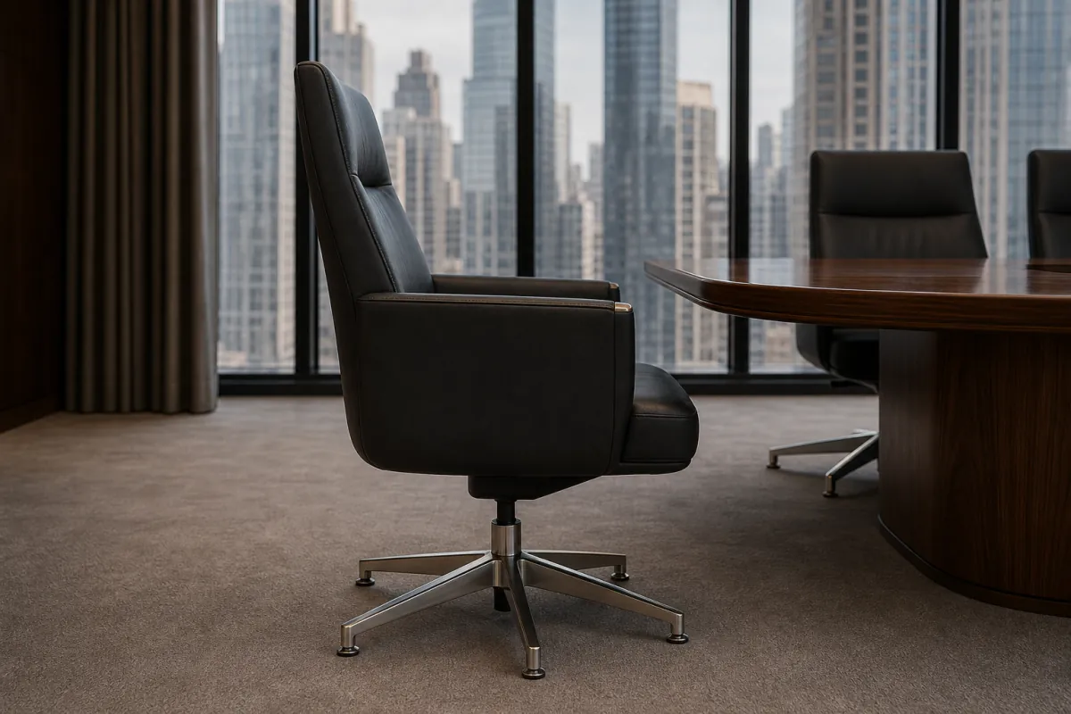 Executive Conference Armchair side profile — Ink charcoal leather executive hotel boardroom armchair with brushed satin nickel base
