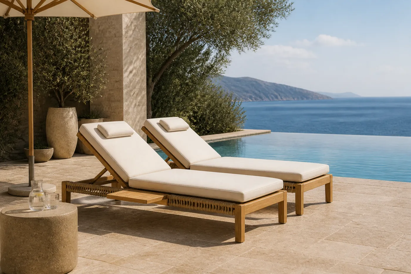 Pool / Cabana Lounge Chair in context — Hotel pool deck, beach club, terrace, cabana